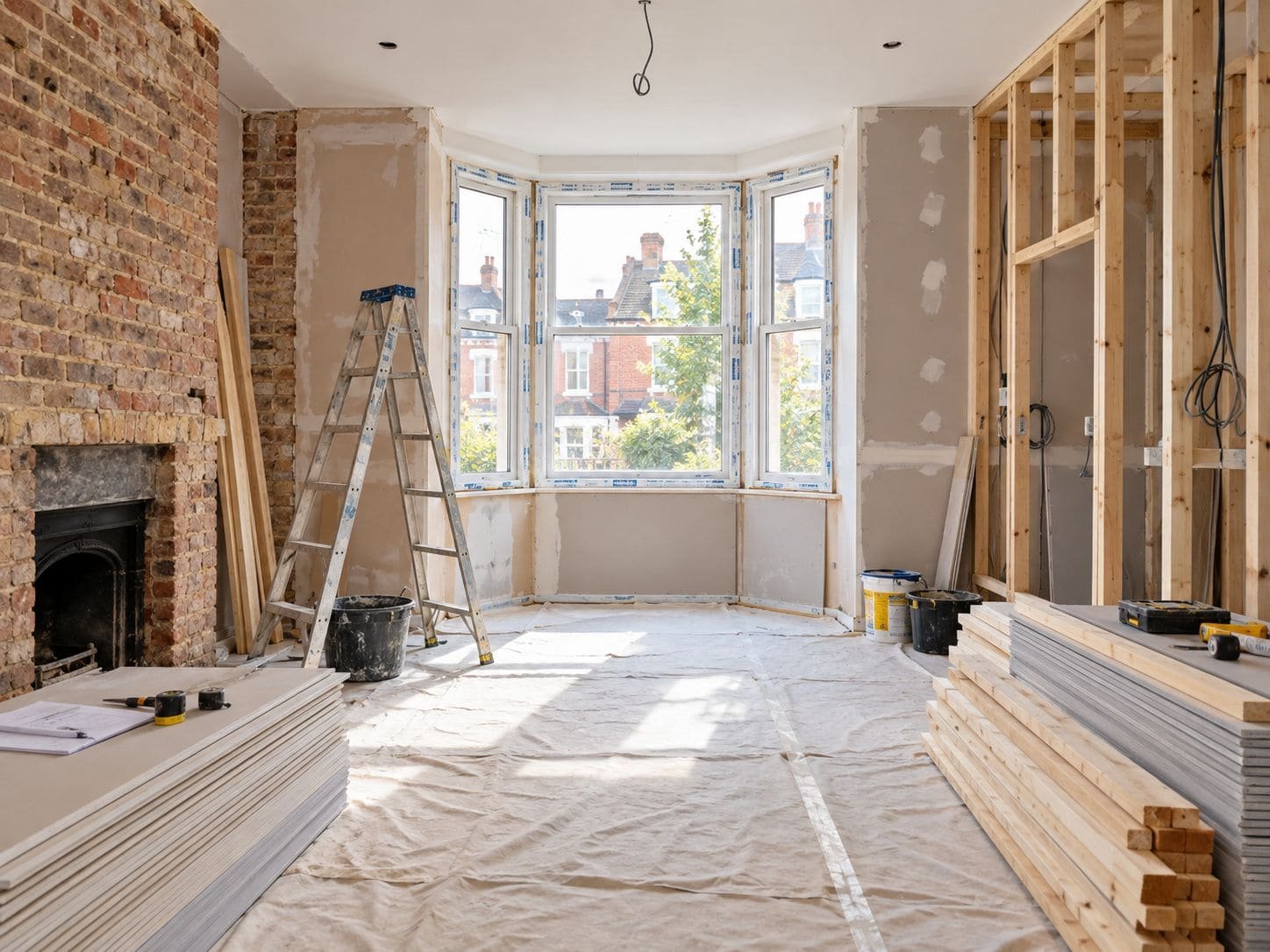 A room mid-renovation with a ladder, plasterboard and new timber studs