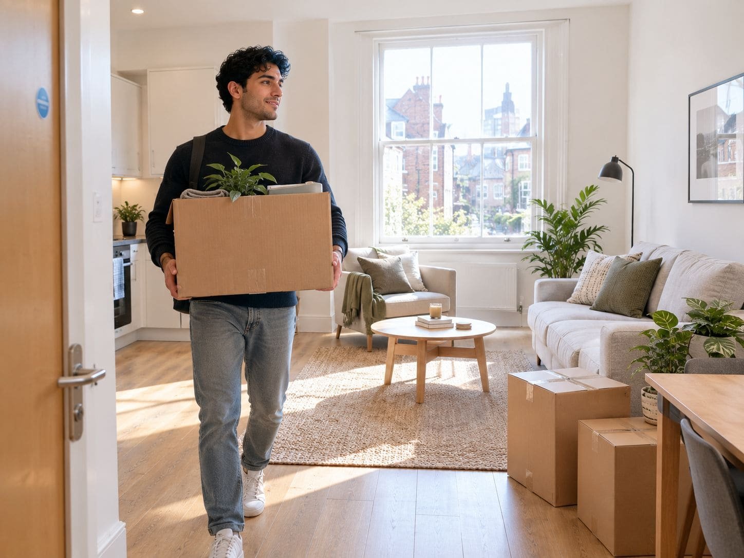 A tenant carrying a moving box into a bright, furnished flat