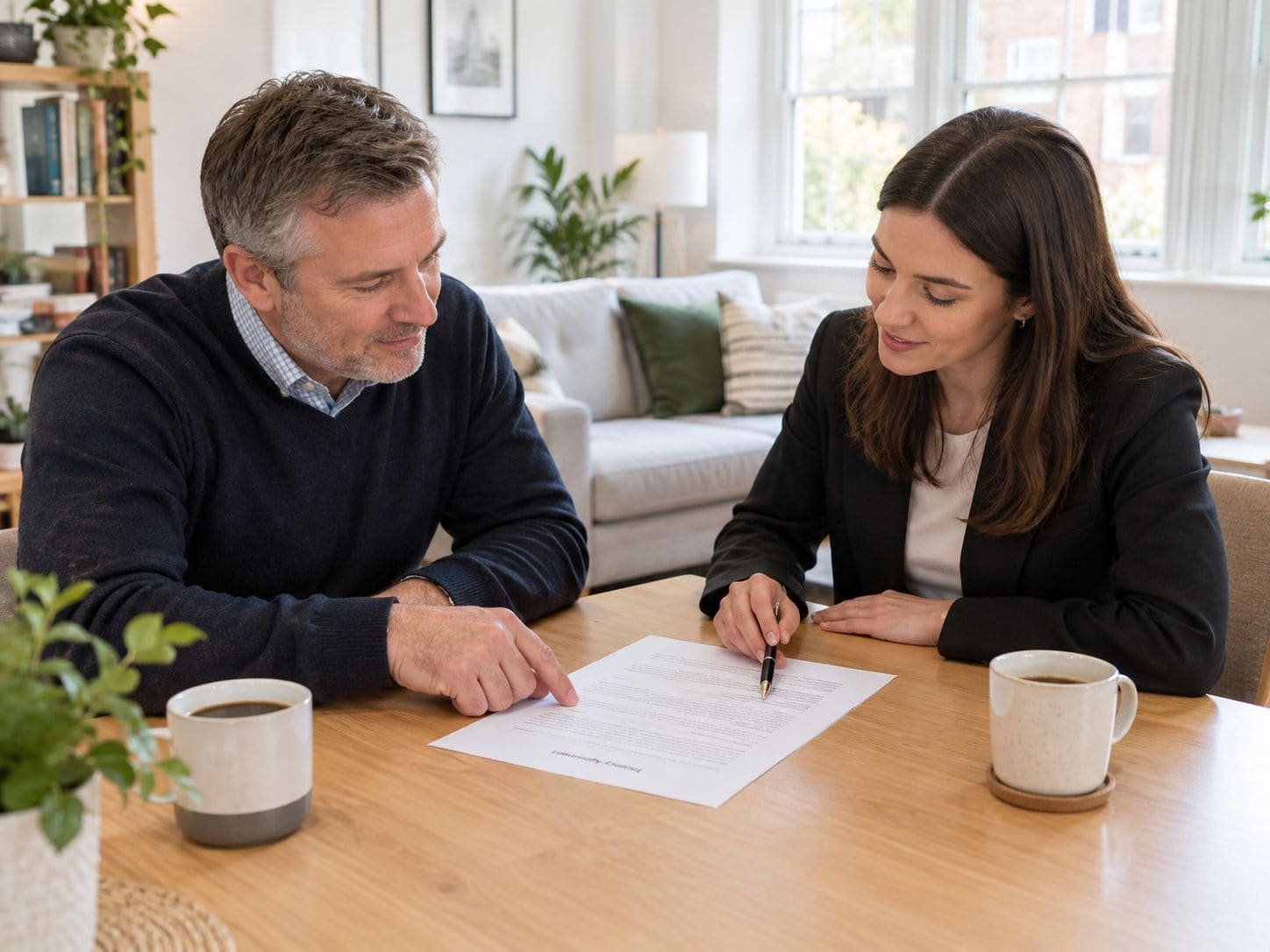 A landlord and an agent going through an agreement over coffee